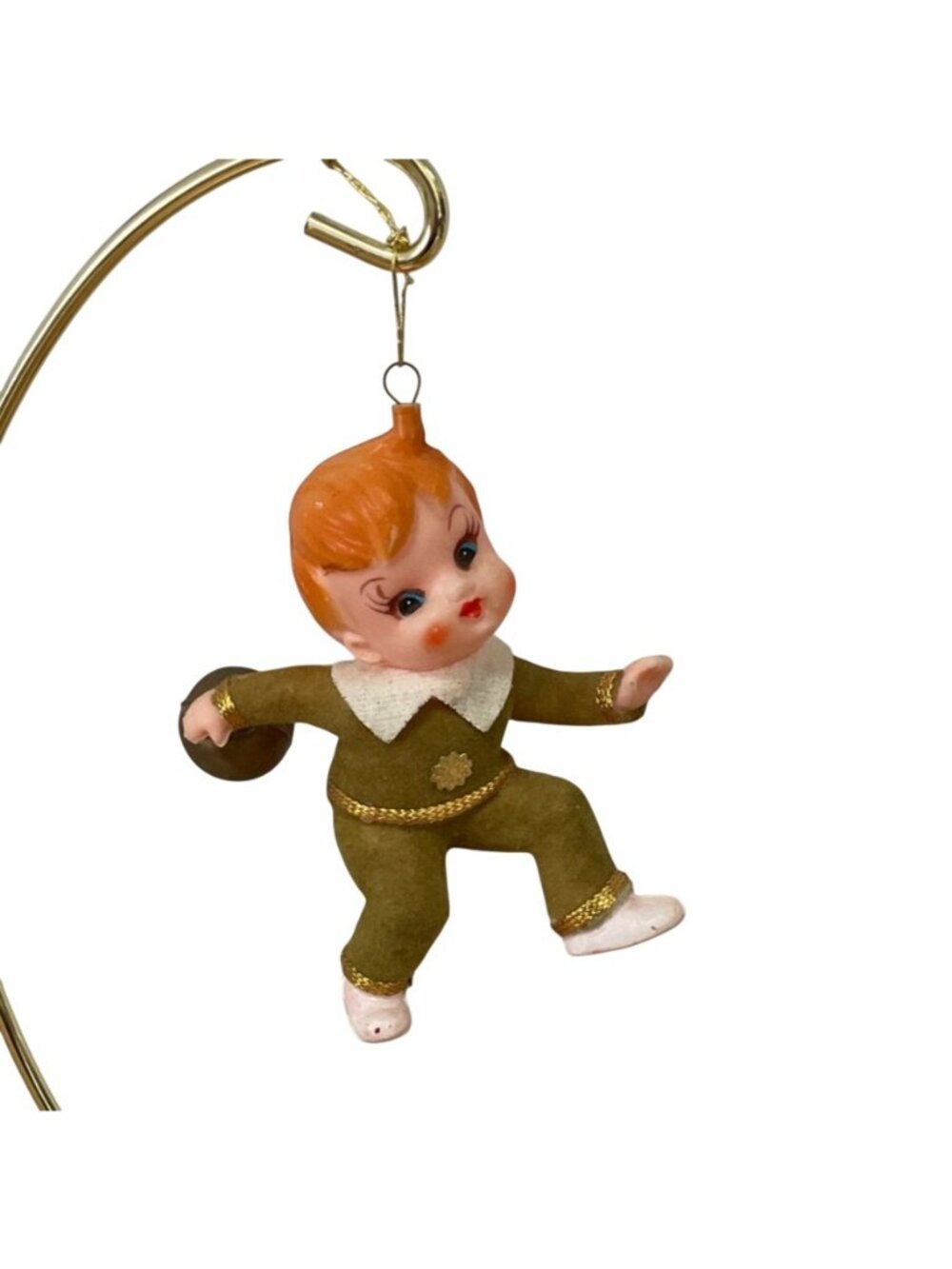 Vtg Bowler Baby Christmas Ornament Flocked 4 In Red Hair Expressive Eyes Pixie